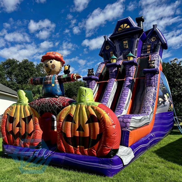 Ferme de citrouilles gonflable Halloween, double toboggan avec souffleur