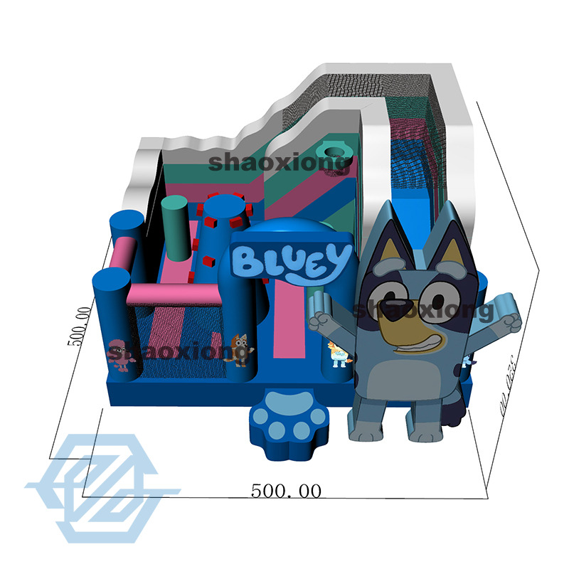 Casa de rebote inflable con tema Bluey y tobog&aacute;n